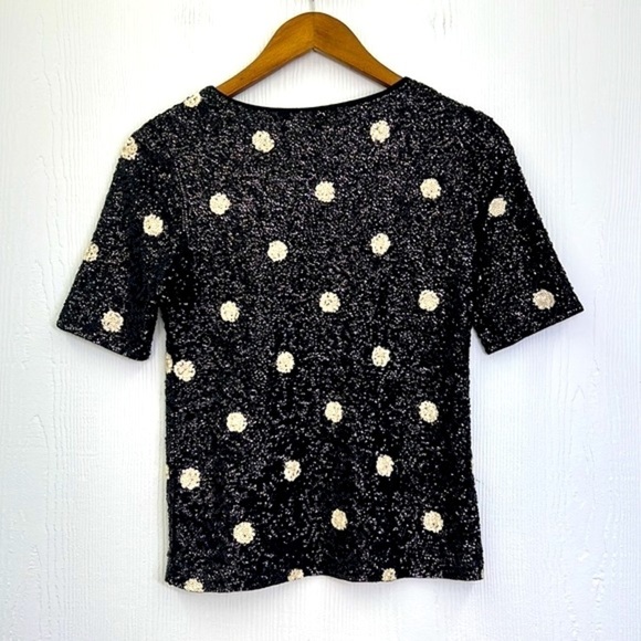 J Crew - Vintage Black And Cream Polka Dot Sequin Short Sleeve Top Size XS - Picture 11 of 11